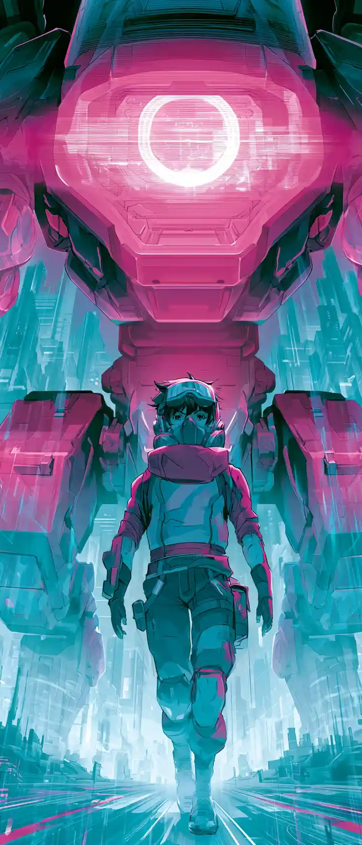 Pilota di anime cyberpunk davanti a un mech luminoso in una città al neon