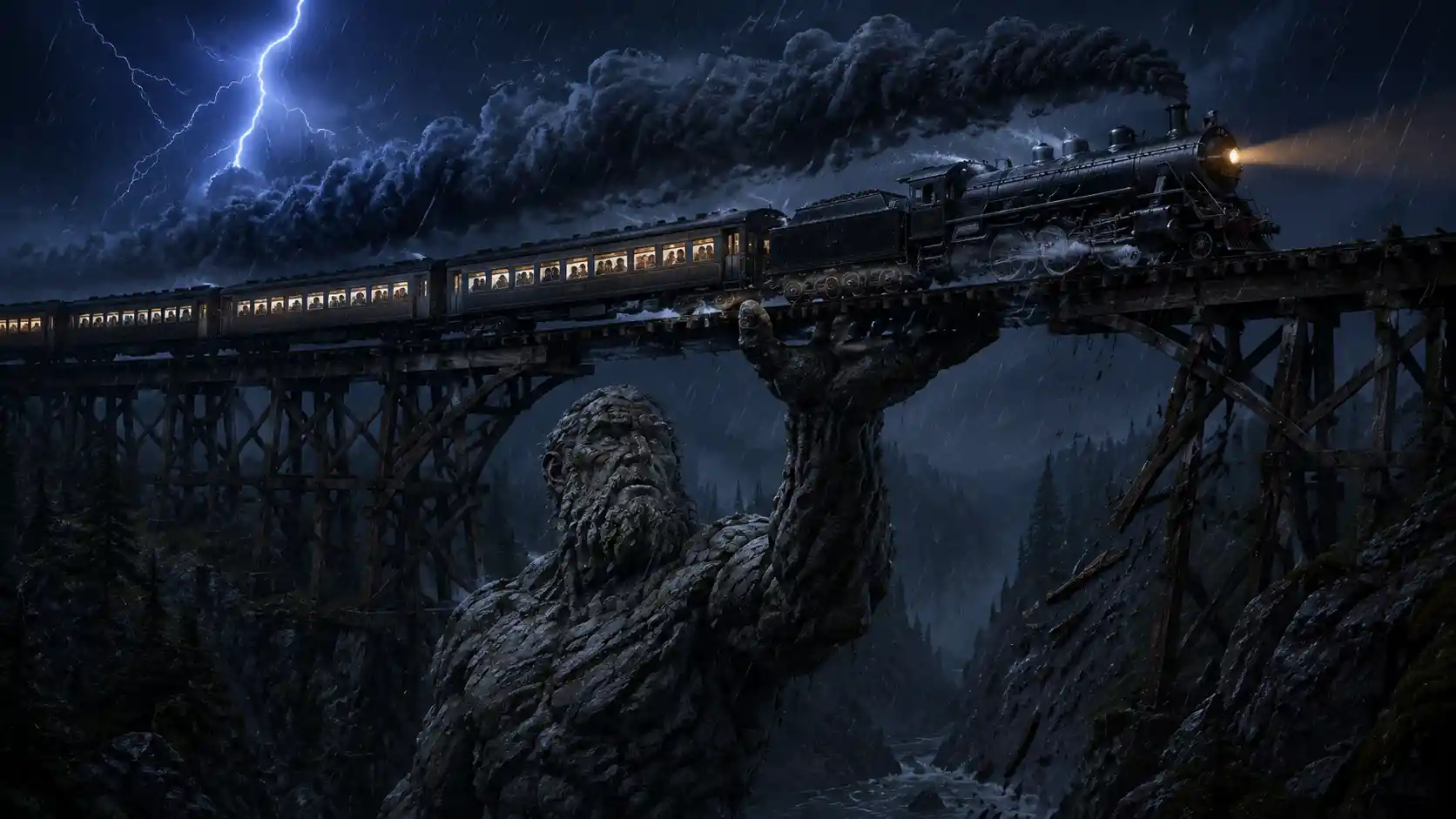 Treno a vapore che attraversa un viadotto danneggiato in una gola tempestosa