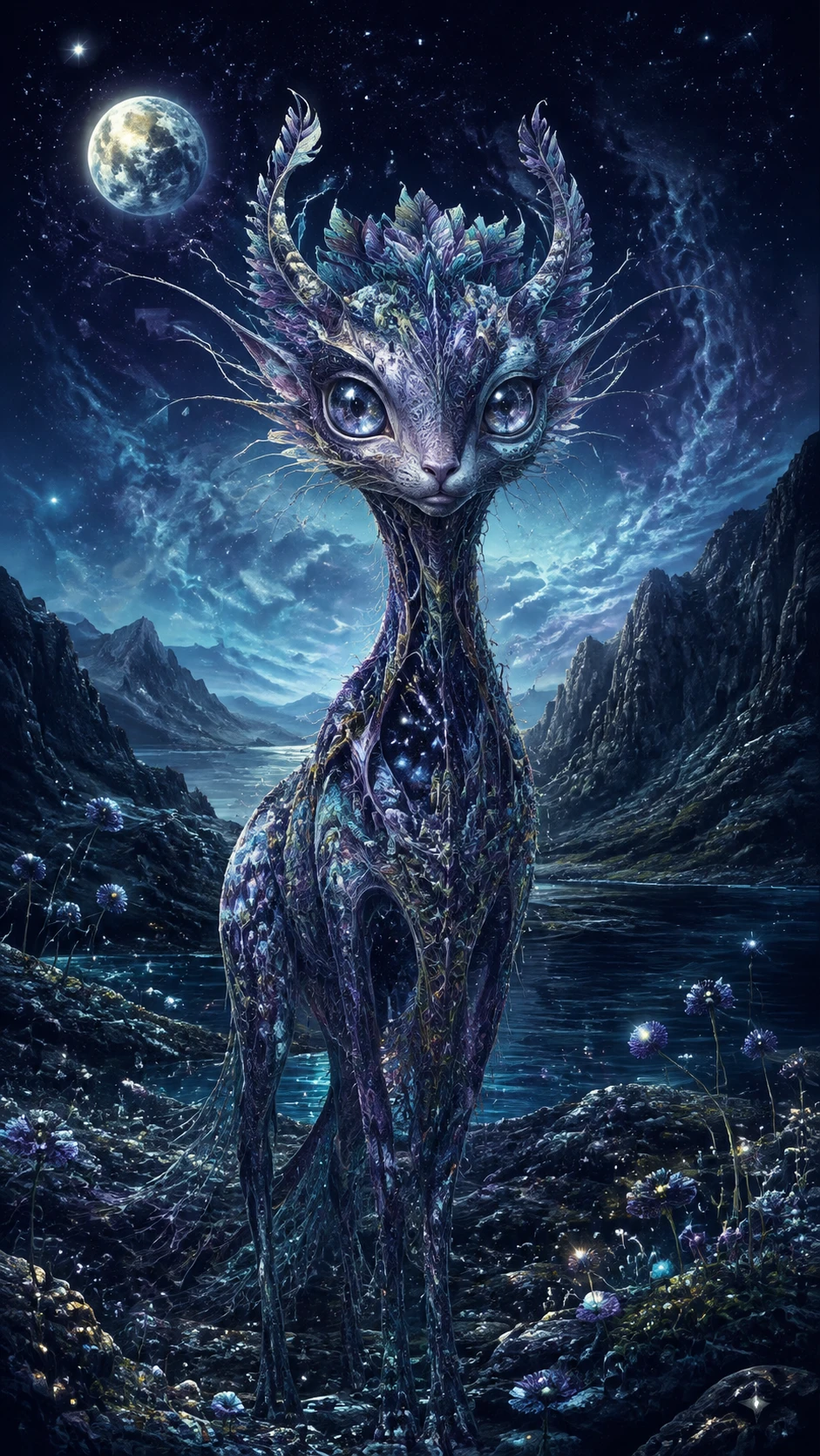 Créature mystique dans une vaste nature sauvage surréaliste au clair de lune