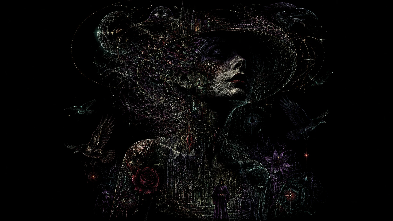 Mulher gótica surreal emergindo de uma escuridão pontilhada luminosa
