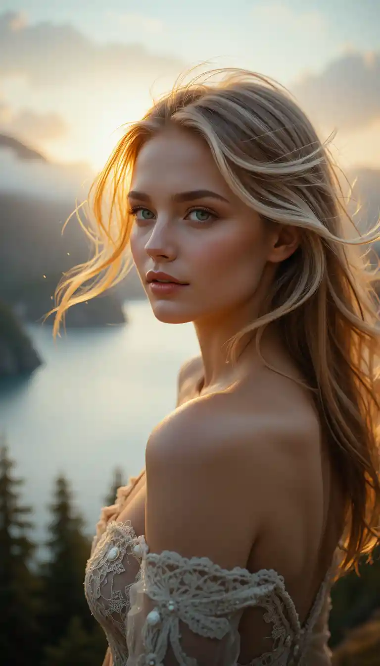 Dreamy portrait of a blonde woman at sunrise by a fjord