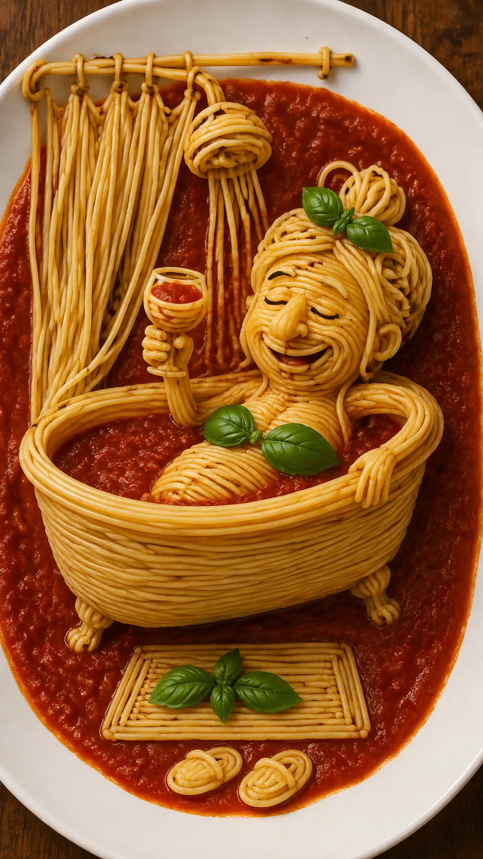 Playful spaghetti creation with basil leaves and tomato sauce