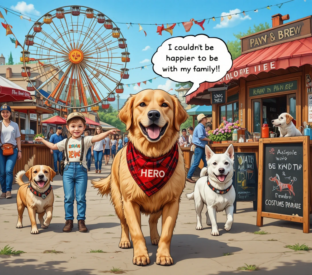 Golden retriever de bandana caminhando em um festival alegre