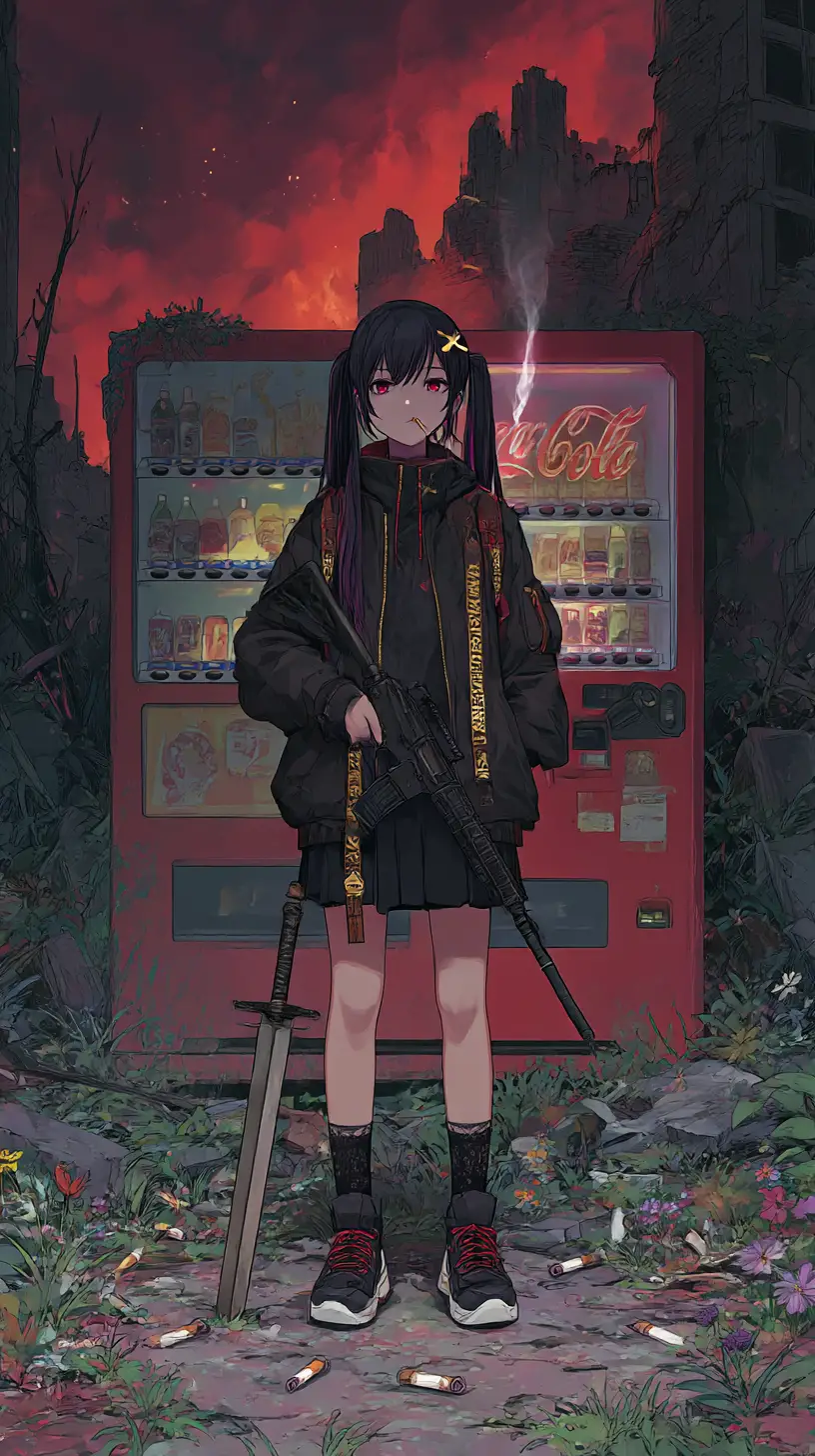 燃えさかる戦場でライフルを構えるアニメ少女
