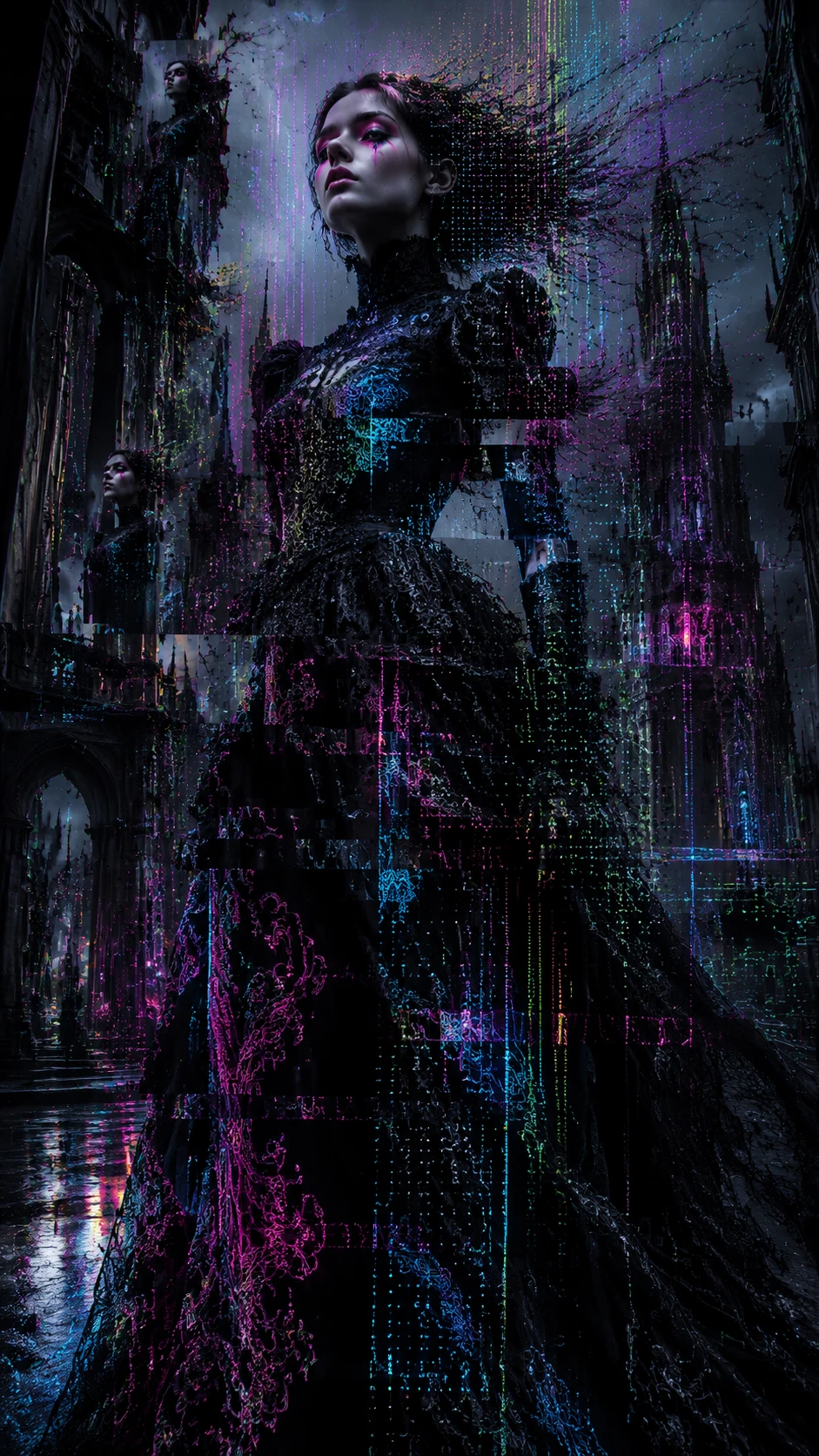 Dark-Fantasy-Model in glitchender Neon-Traumstadt