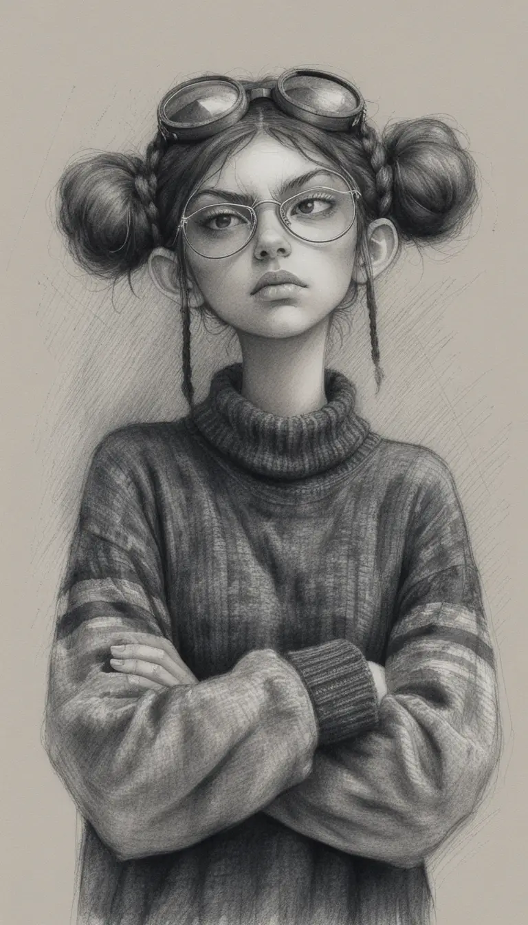 Moody girl with goggles in black and white pencil portrait