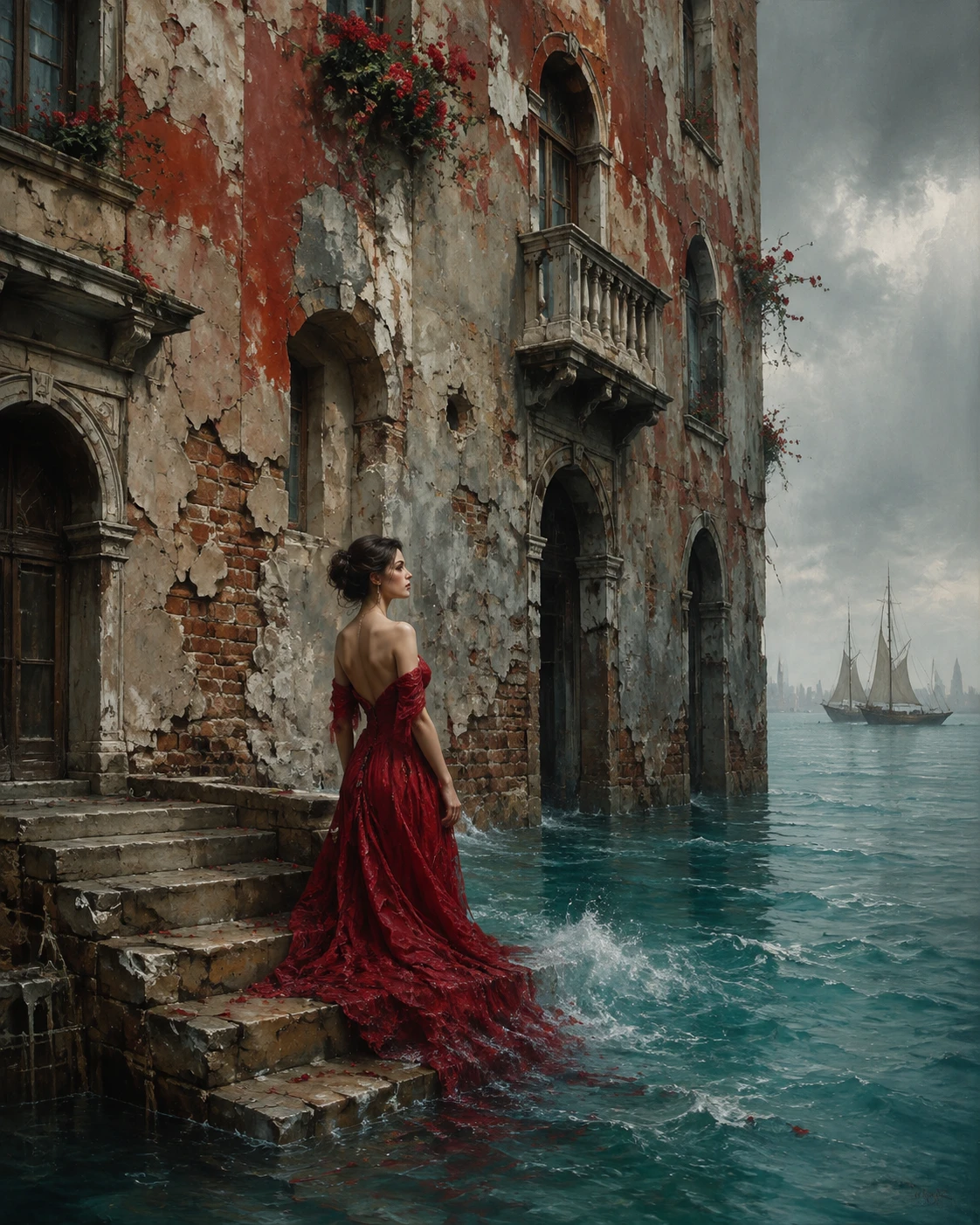 Mulher surreal de vestido vermelho em meio a palácio oceânico em ruínas