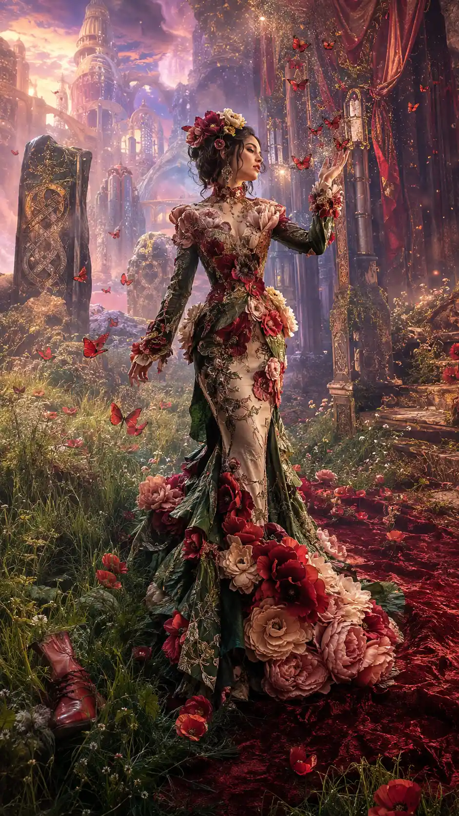 Elegant woman in couture gown at the edge of a meadow