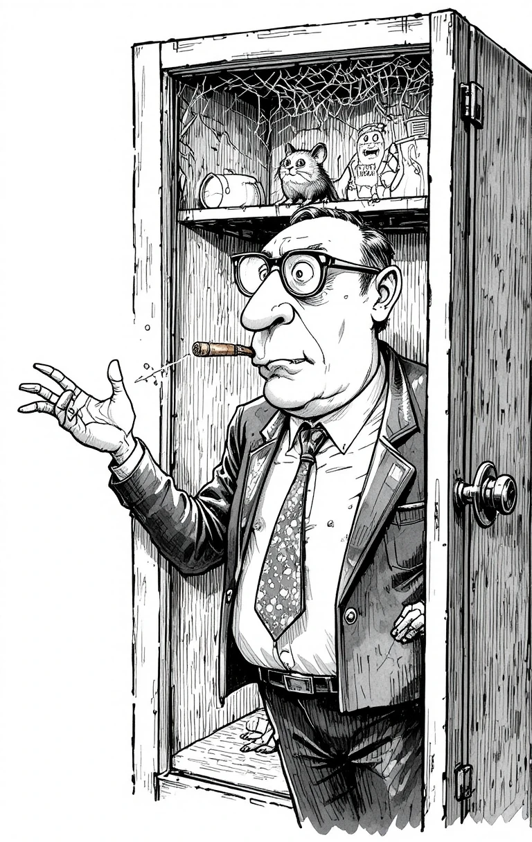 Empresário cômico em desenho animado diante de armário vazio cheio de teias de aranha