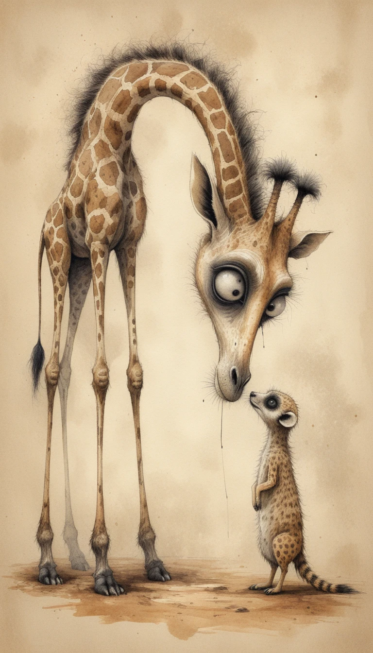 Girafe et suricate à l’encre inquiétante se fixant sur un papier vieilli