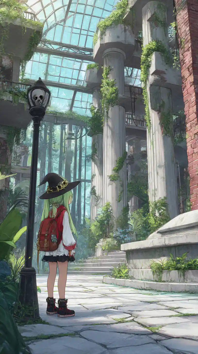 Anime girl in a lush greenhouse with exotic plants