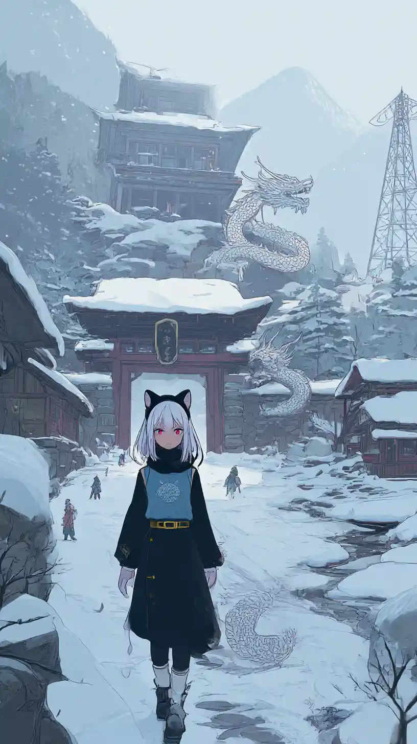 Ragazza anime che cammina in un villaggio innevato verso una grande tenuta