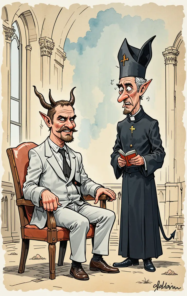 Devil in a suit teasing a distressed priest