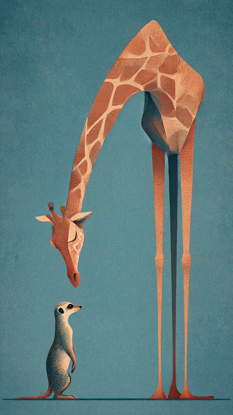 Encontro minimalista e surreal de girafa e suricato em tons vintage