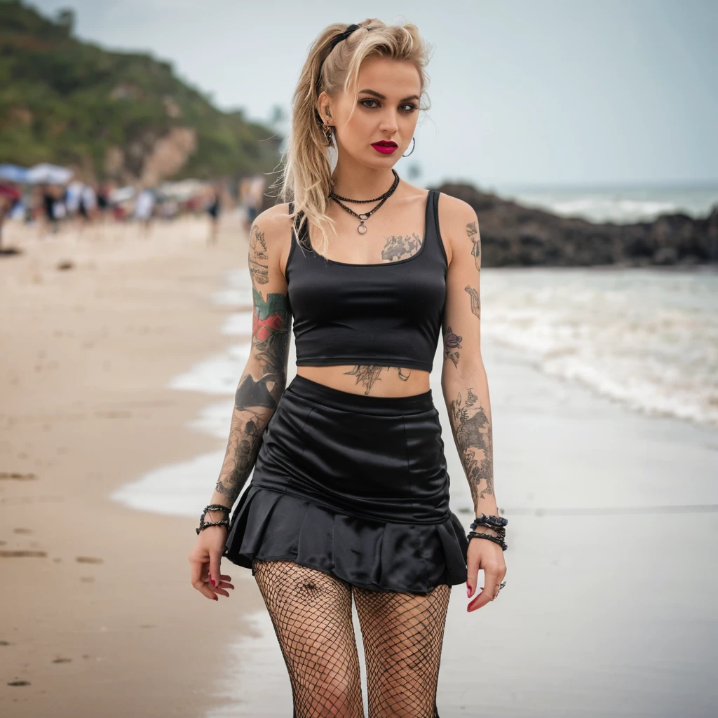 Blonde Frau in edgy Outfit geht am Strand entlang