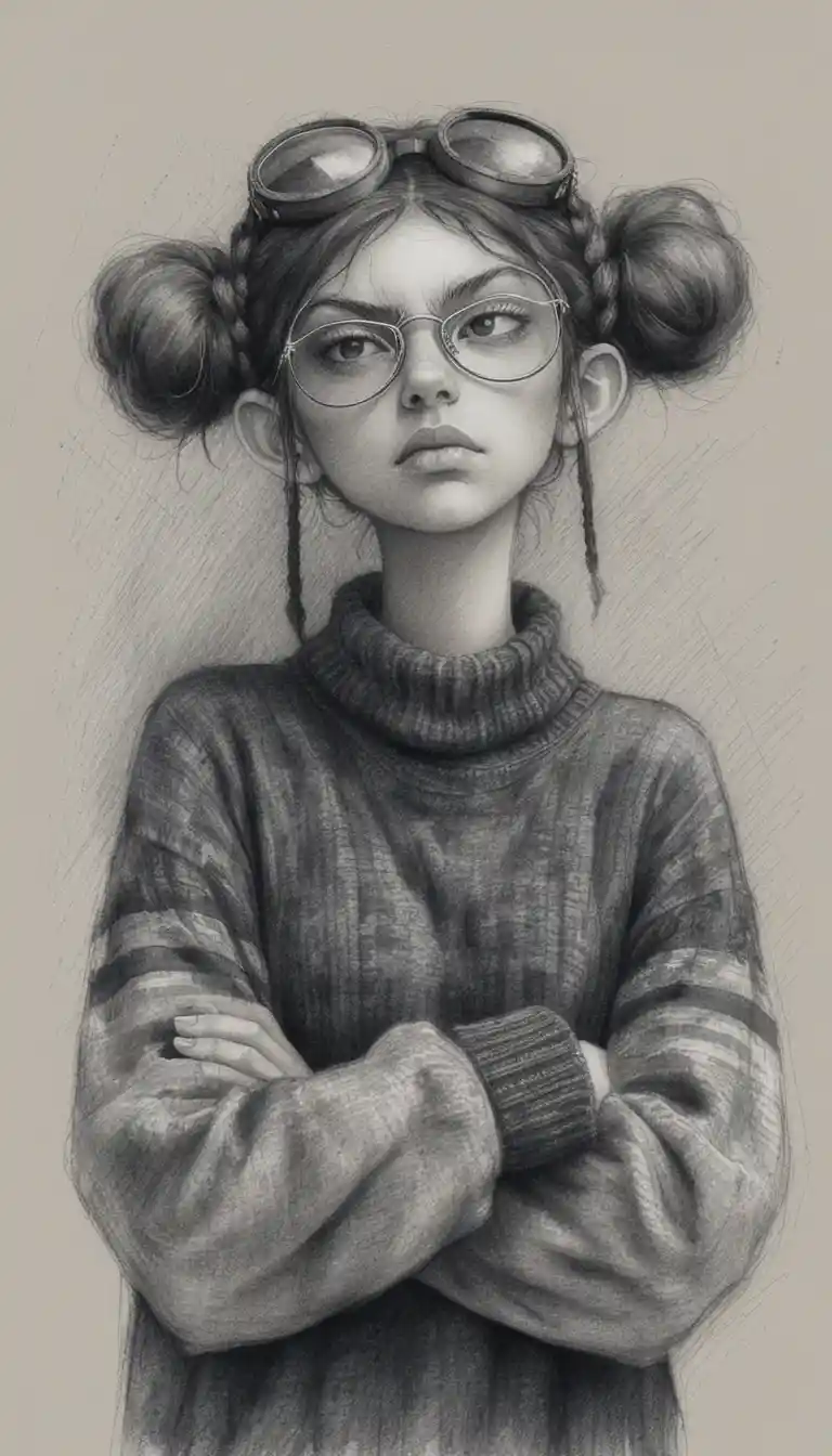 Moody girl with goggles in black and white pencil portrait
