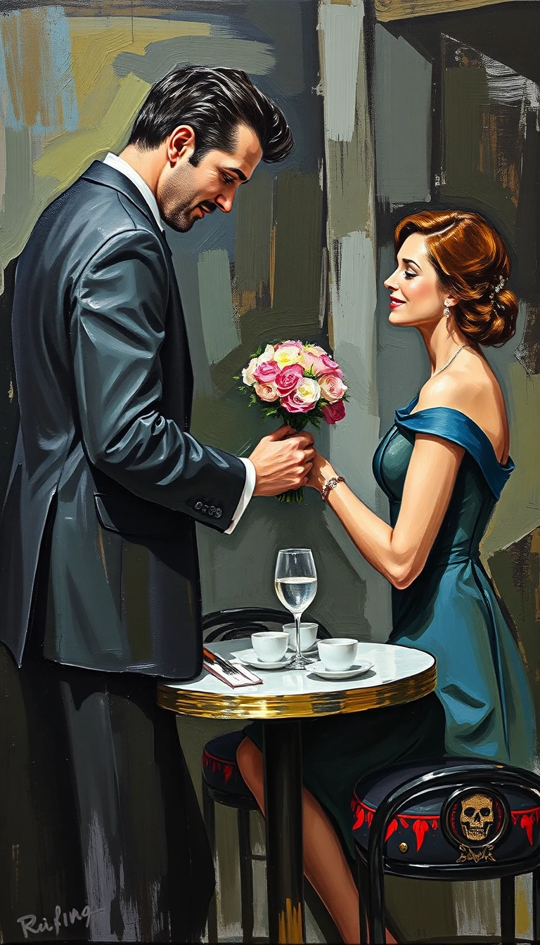 Pintura em impasto de um homem oferecendo flores em uma praça