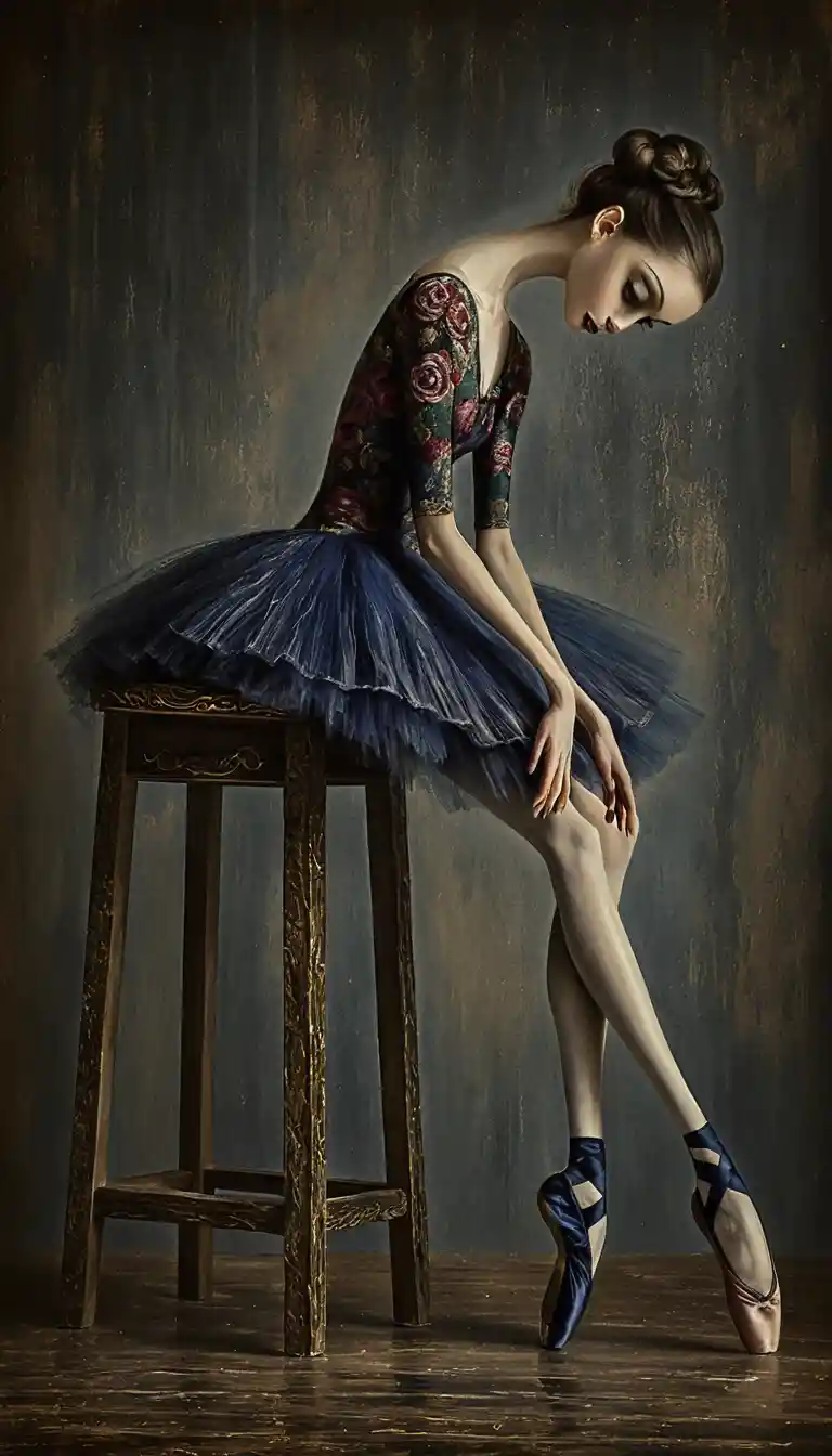 Melancholische Ballerina auf abgenutztem Holzschemel in Digital Art