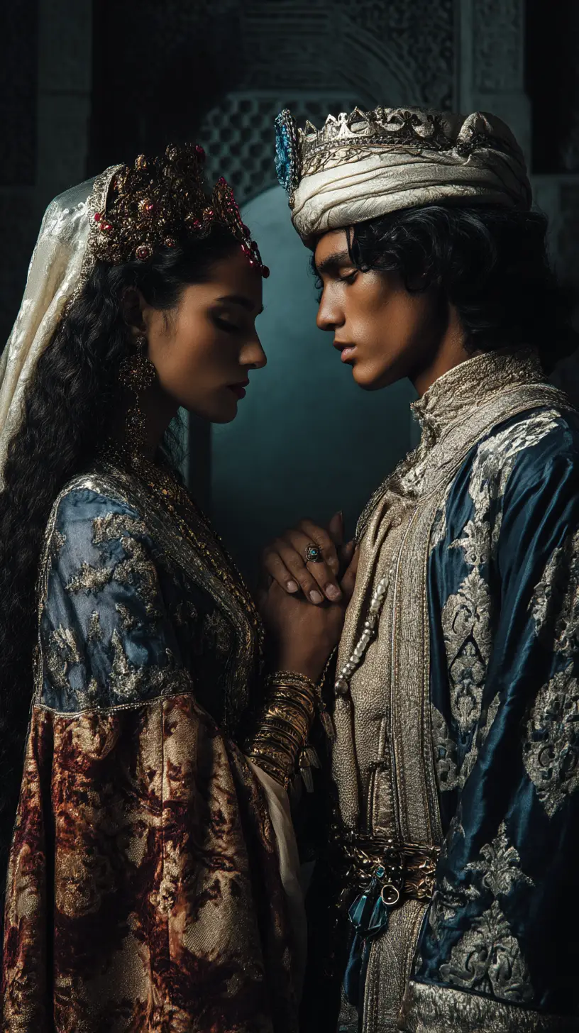 Couple royal se tendant la main dans un palais sombre