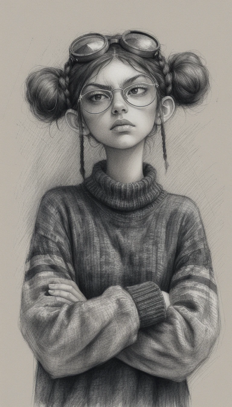 Moody girl with goggles in black and white pencil portrait