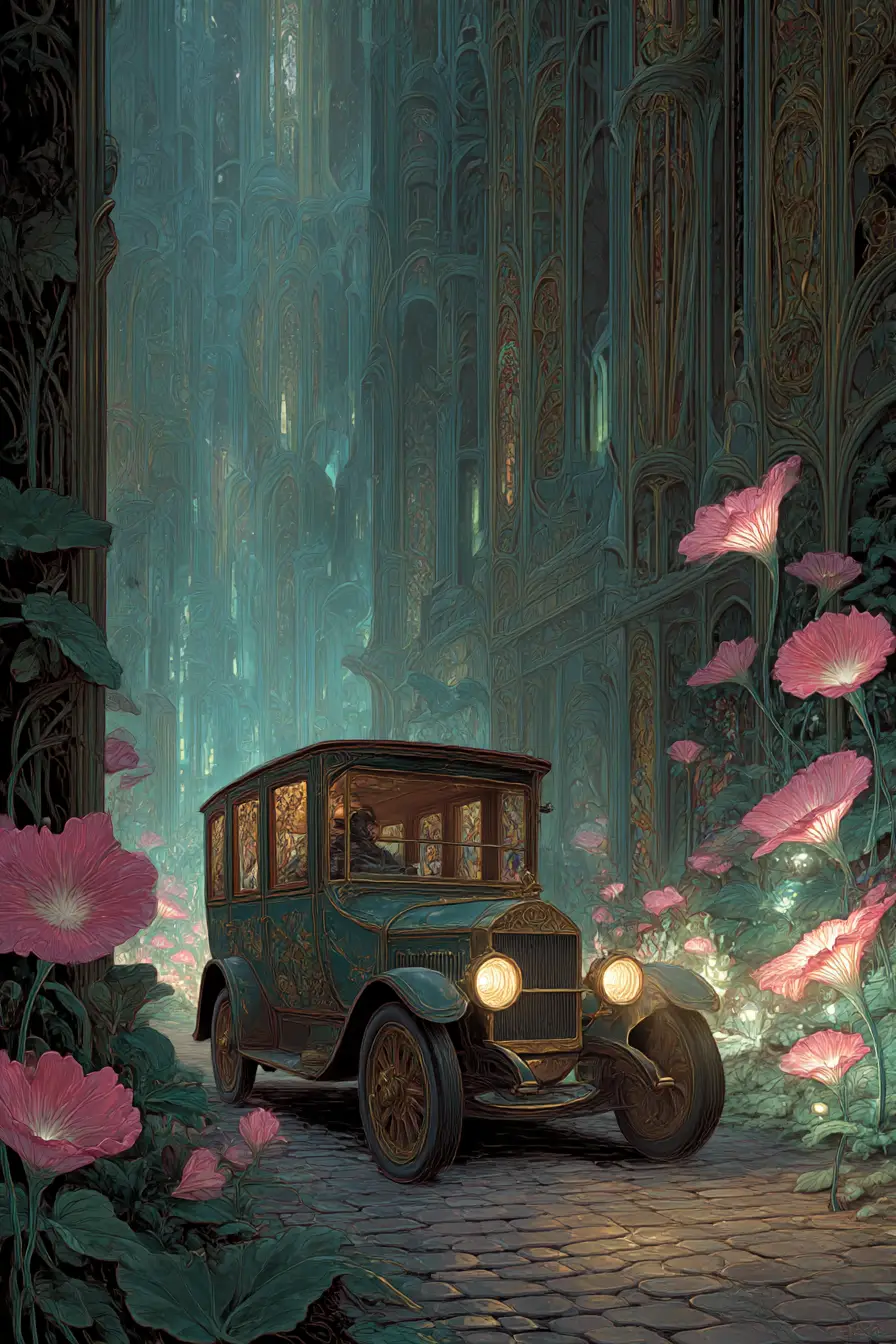 夜晚石板路上的超現實古董車