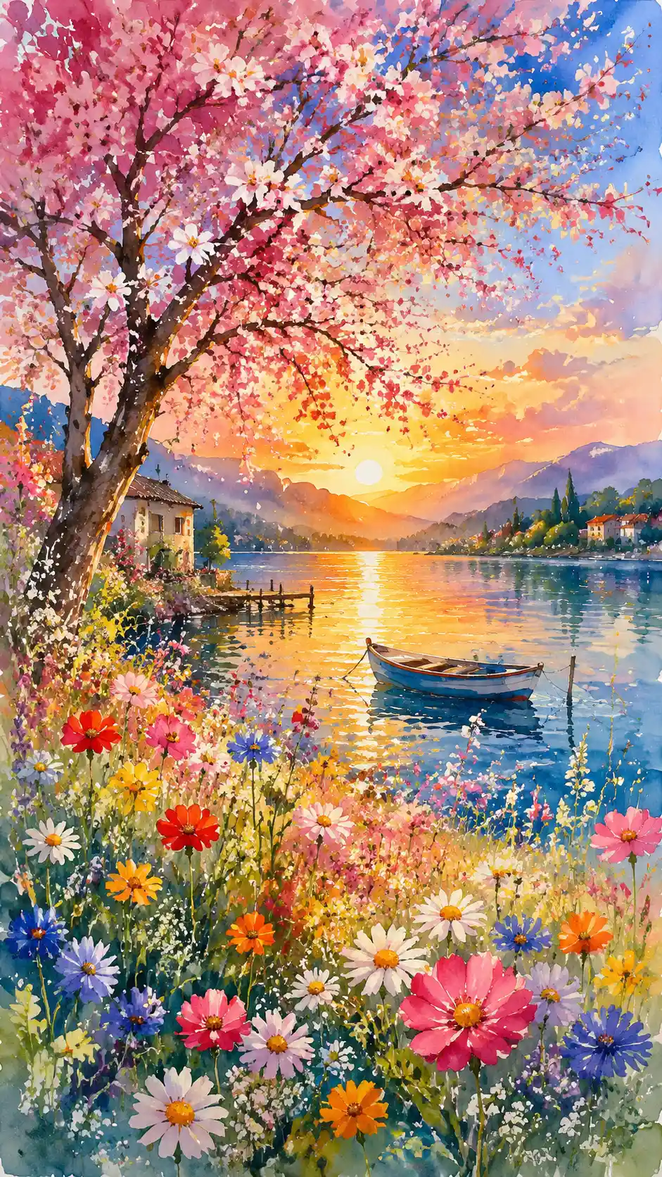 Arbre en fleurs à l’aquarelle au bord d’un lac au coucher de soleil d’été