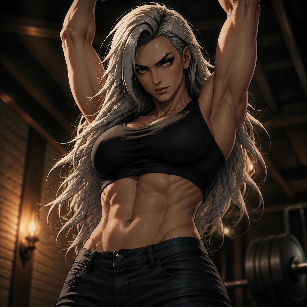 Tall muscular woman in low angle victorious pose indoors