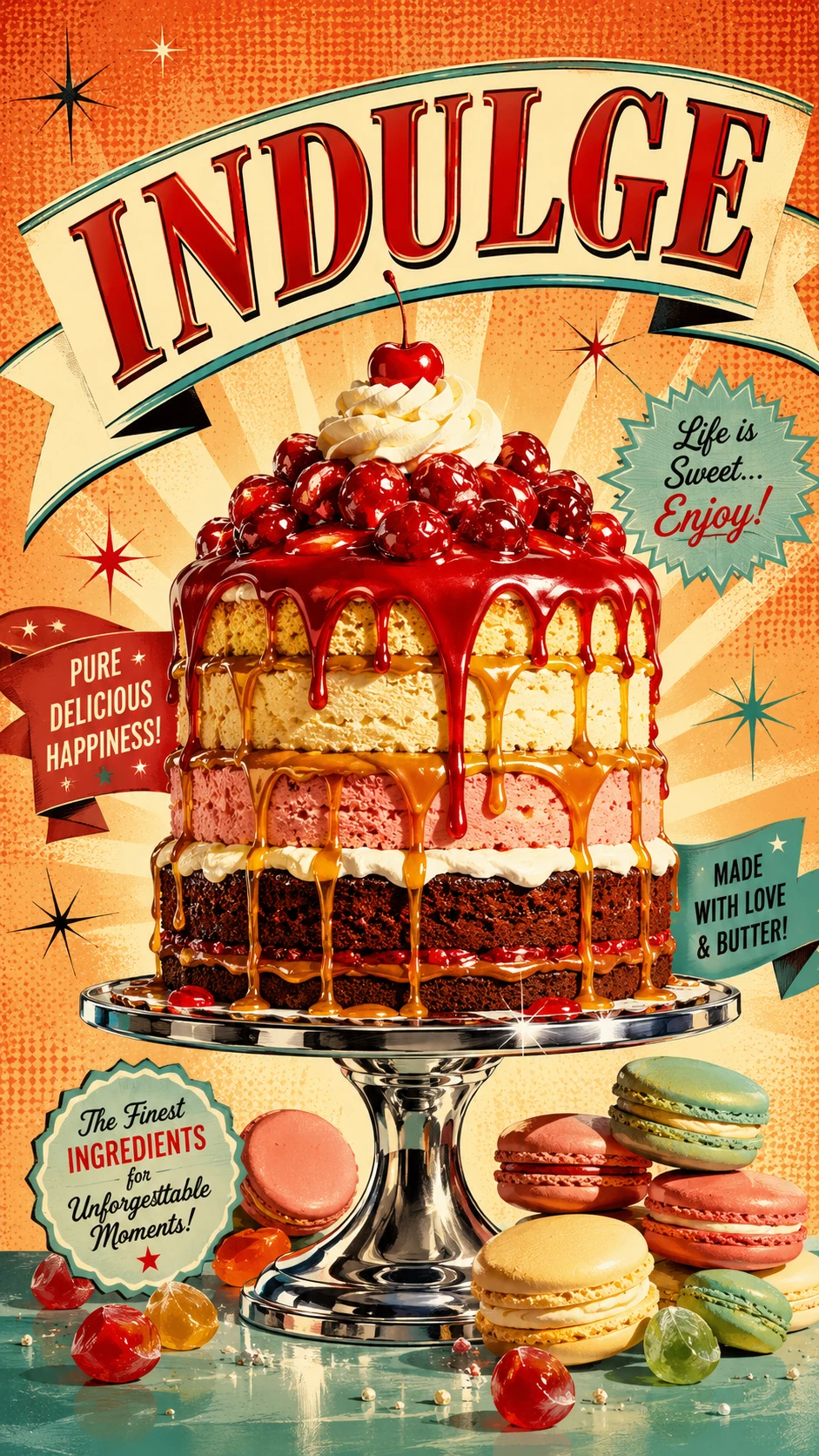 Retro cake illustration on chrome stand with bold indulge text