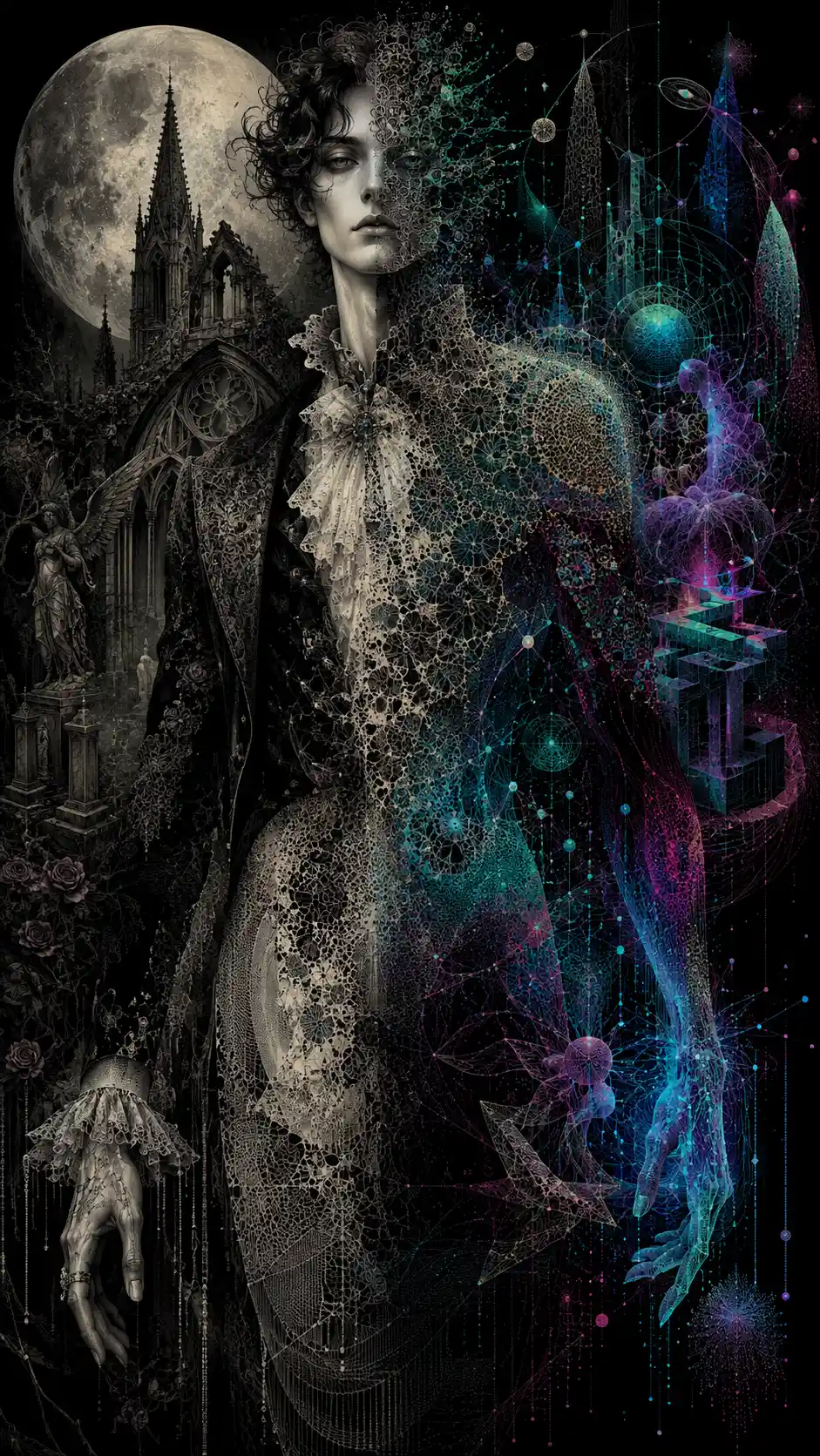 Figure androgyne entre pierre gothique et mondes fractals néon