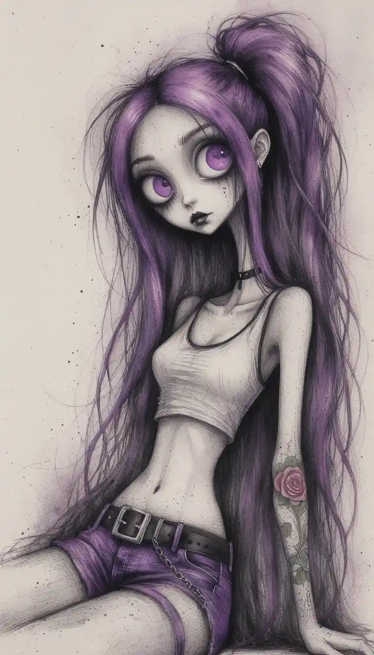 Goth girl pencil portrait with oversized eyes and dark tattoo