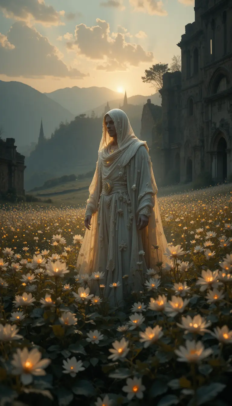 Ethereal ghost above glowing dandelion field at dusk