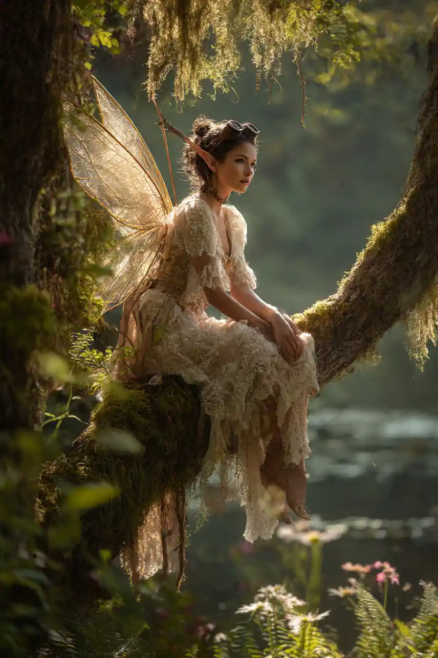 Steampunk fairy resting on a mossy branch in forest glow