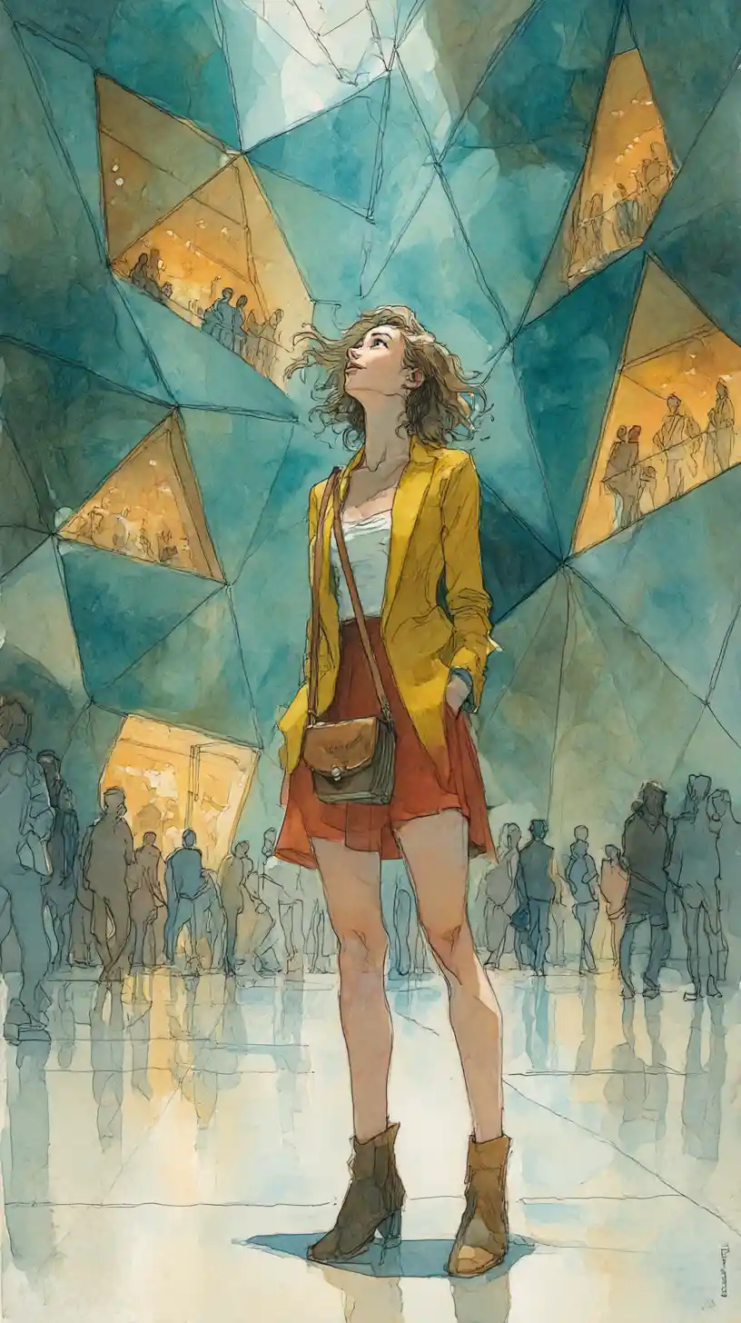Joven con blazer amarillo mirando hacia arriba en un atrio moderno