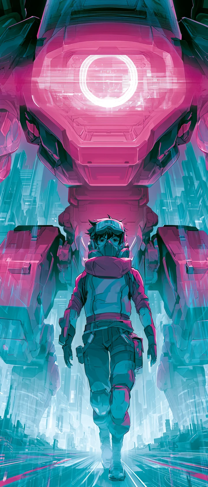 Pilote d’anime cyberpunk devant un mécha lumineux dans une ville néon