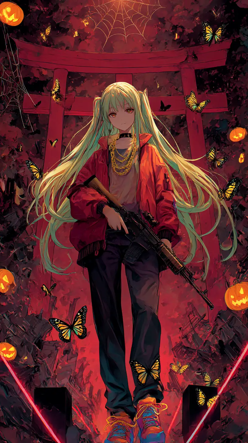 Jeune fille anime joyeuse lors d’une fête d’Halloween remplie de fantômes