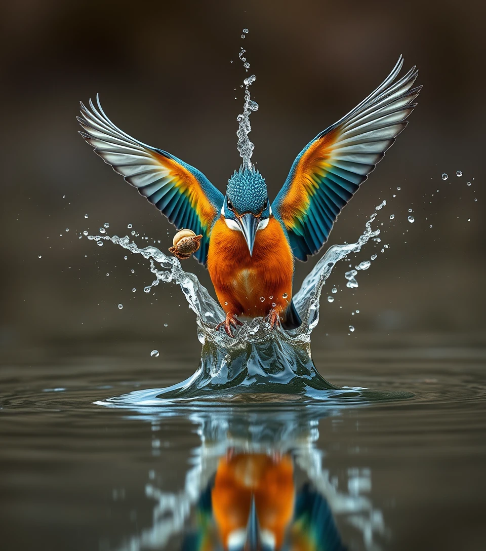 Kingfisher Bursting From Water With Crab In Its Beak