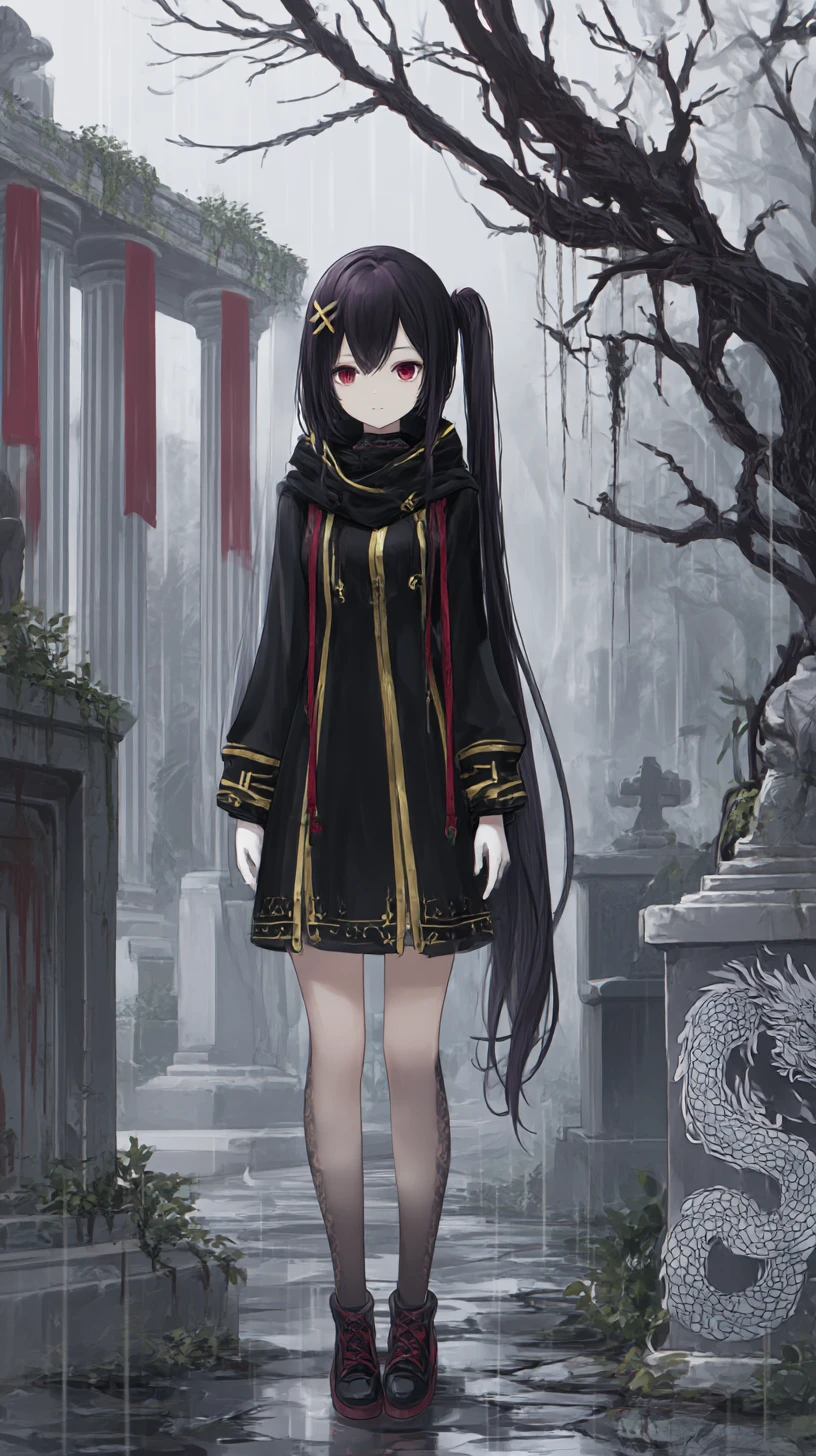 Finstere Anime‑Frau mit Seilen und Sternen im dunklen Outfit