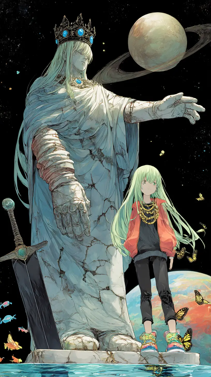 Fille d’anime à côté d’une statue colossale en marbre sous une lune immense