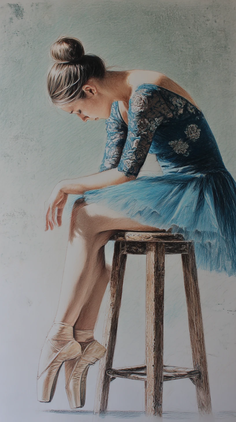 Pensive young ballerina resting on a worn wooden stool