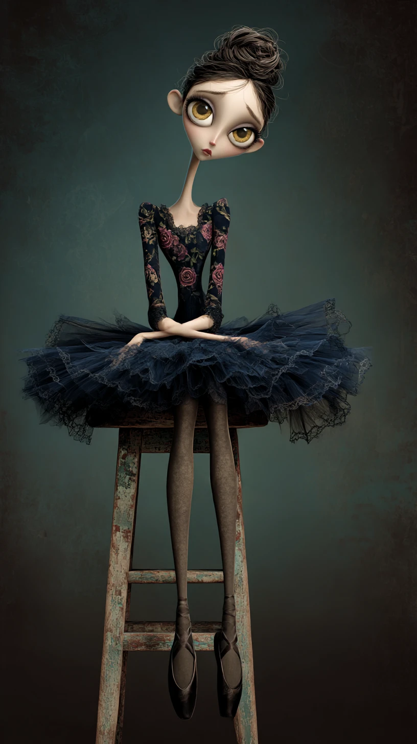 Bailarina melancólica em banco de madeira gasto na arte digital