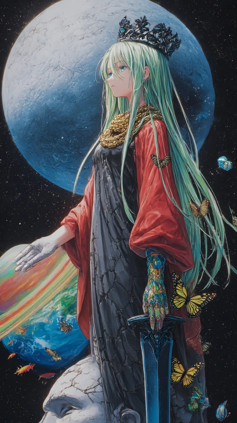 Fille d’anime près d’une statue colossale sous une lune immense
