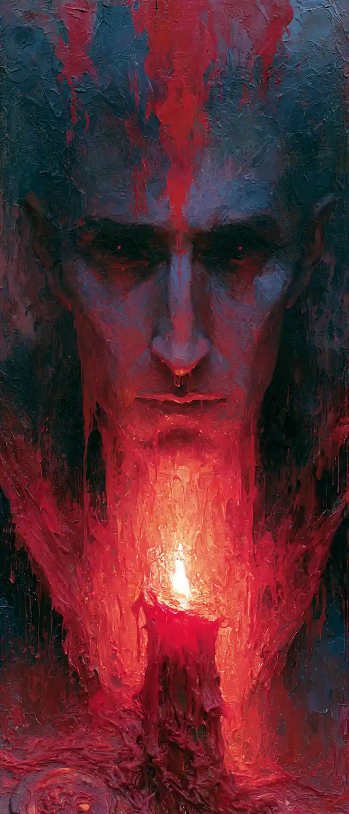 Retrato gótico de vampiro derretendo em cera vermelha de vela pingando