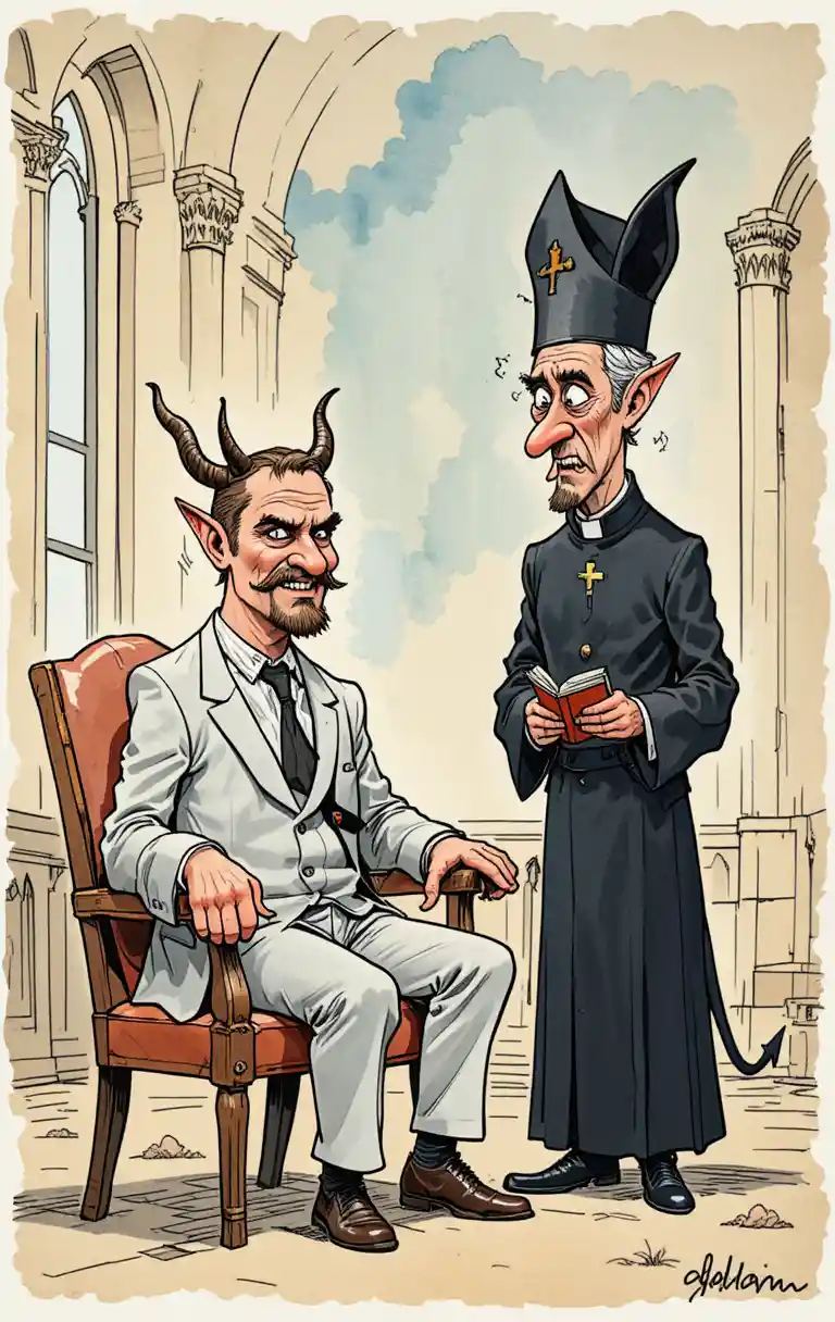 Diabo de terno provocando um padre angustiado