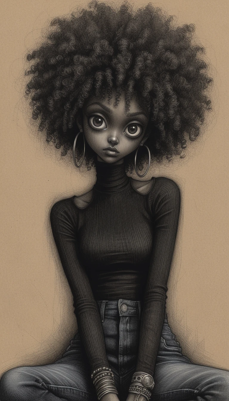 Somber girl portrait with wide white eyes on paper
