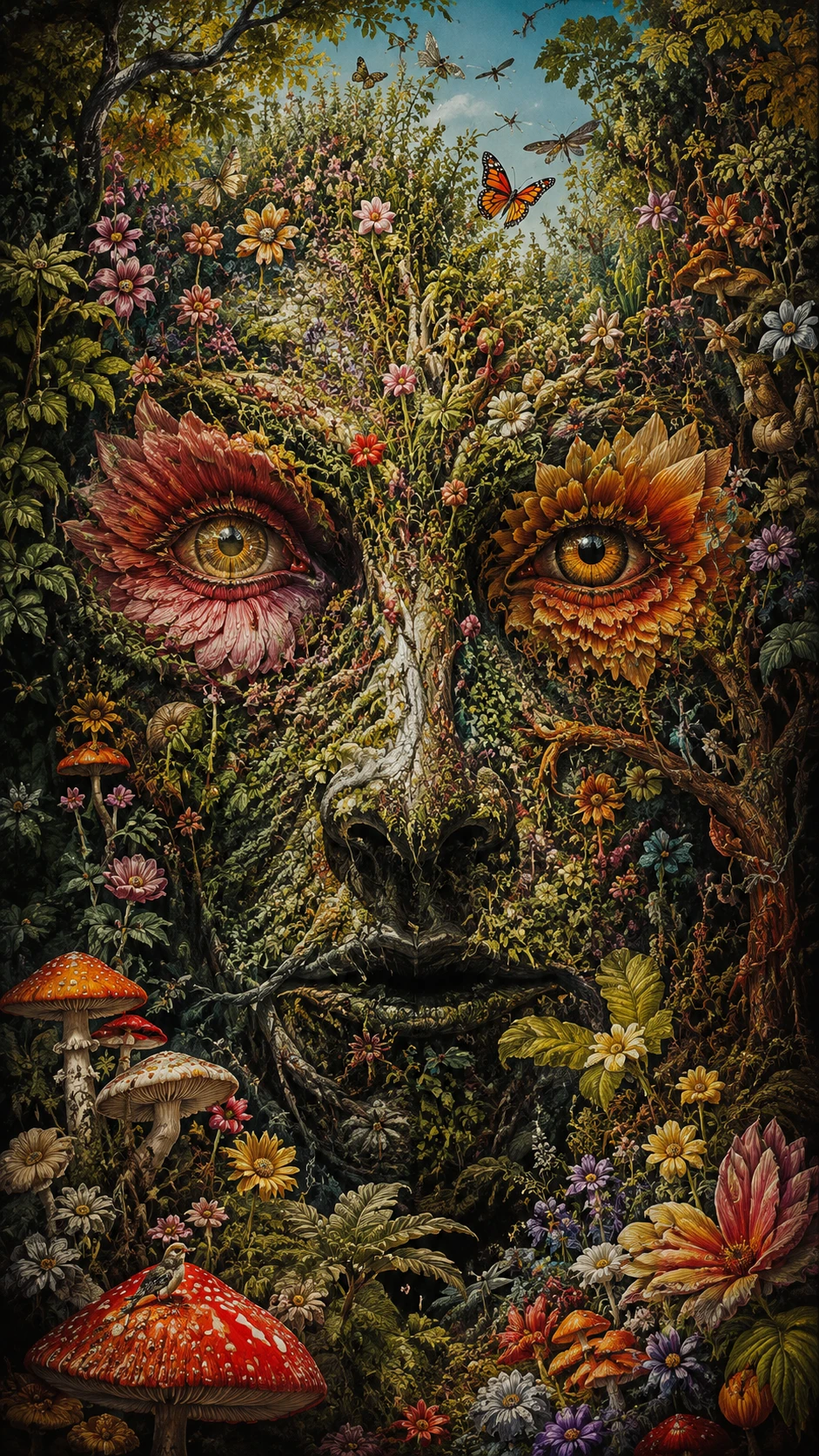 Jardim botânico surreal formando um rosto oculto e misterioso