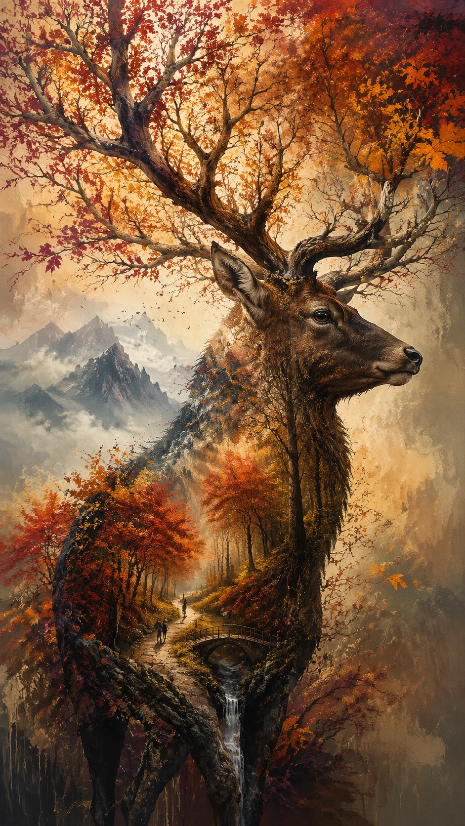 Silhueta Surreal de Cervo se Fundindo em uma Floresta de Outono