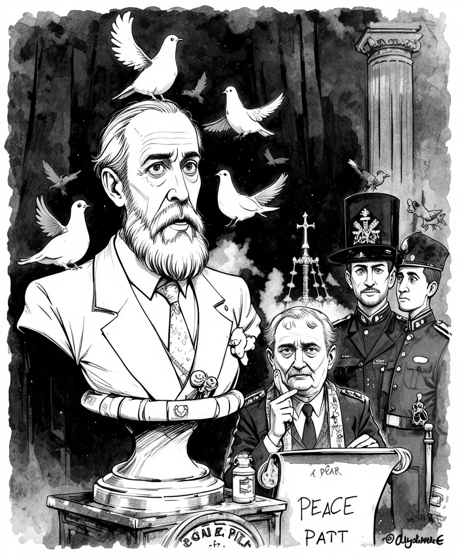 Vignetta politica satirica con colombe e figure che parlano