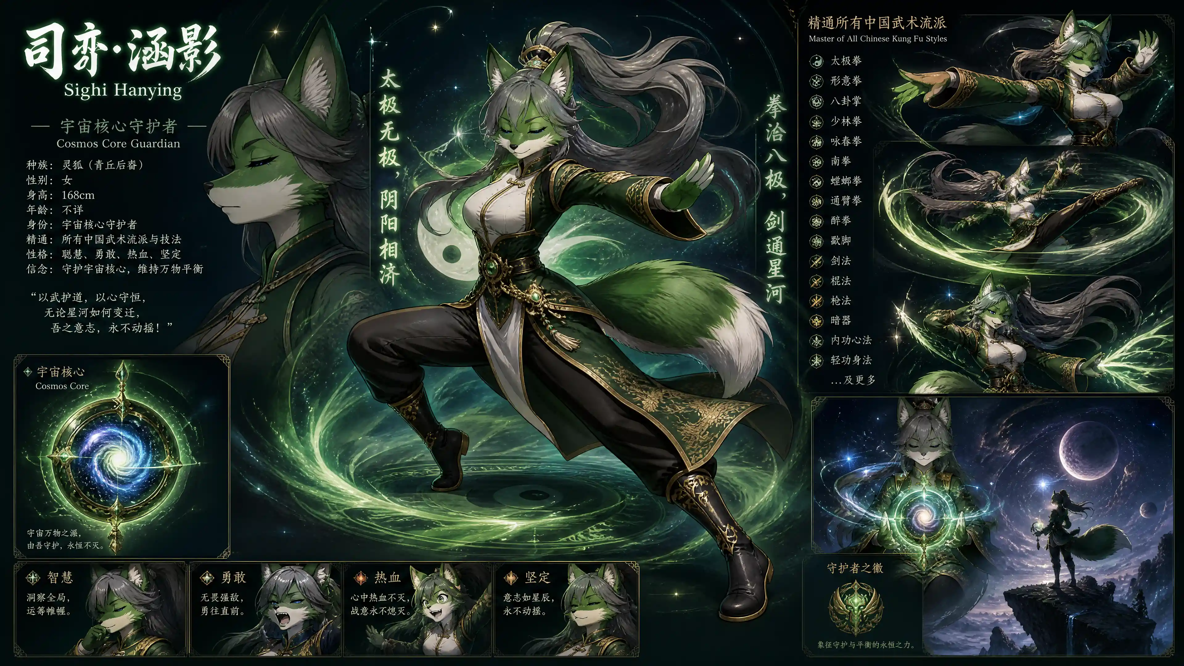 Chinese fox warrior woman in cosmic guardian uniform