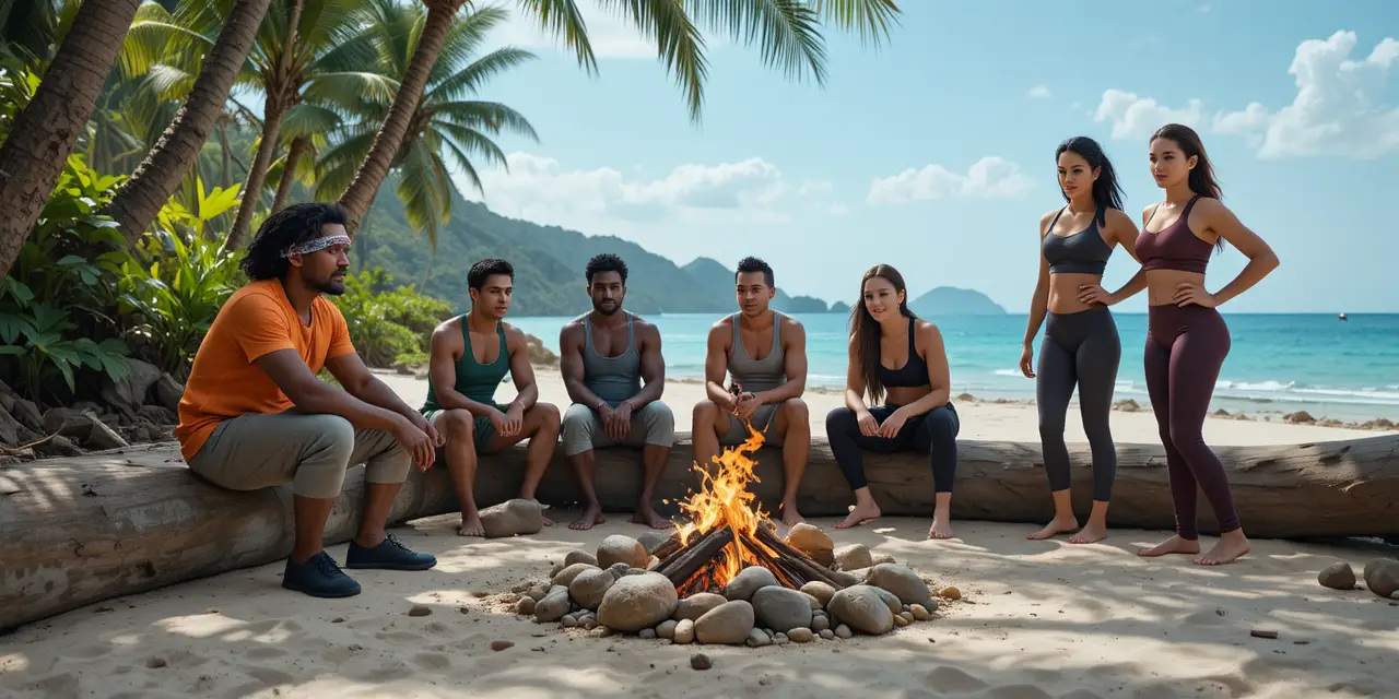 Des amis réunis autour d’un feu de camp sur une plage tropicale