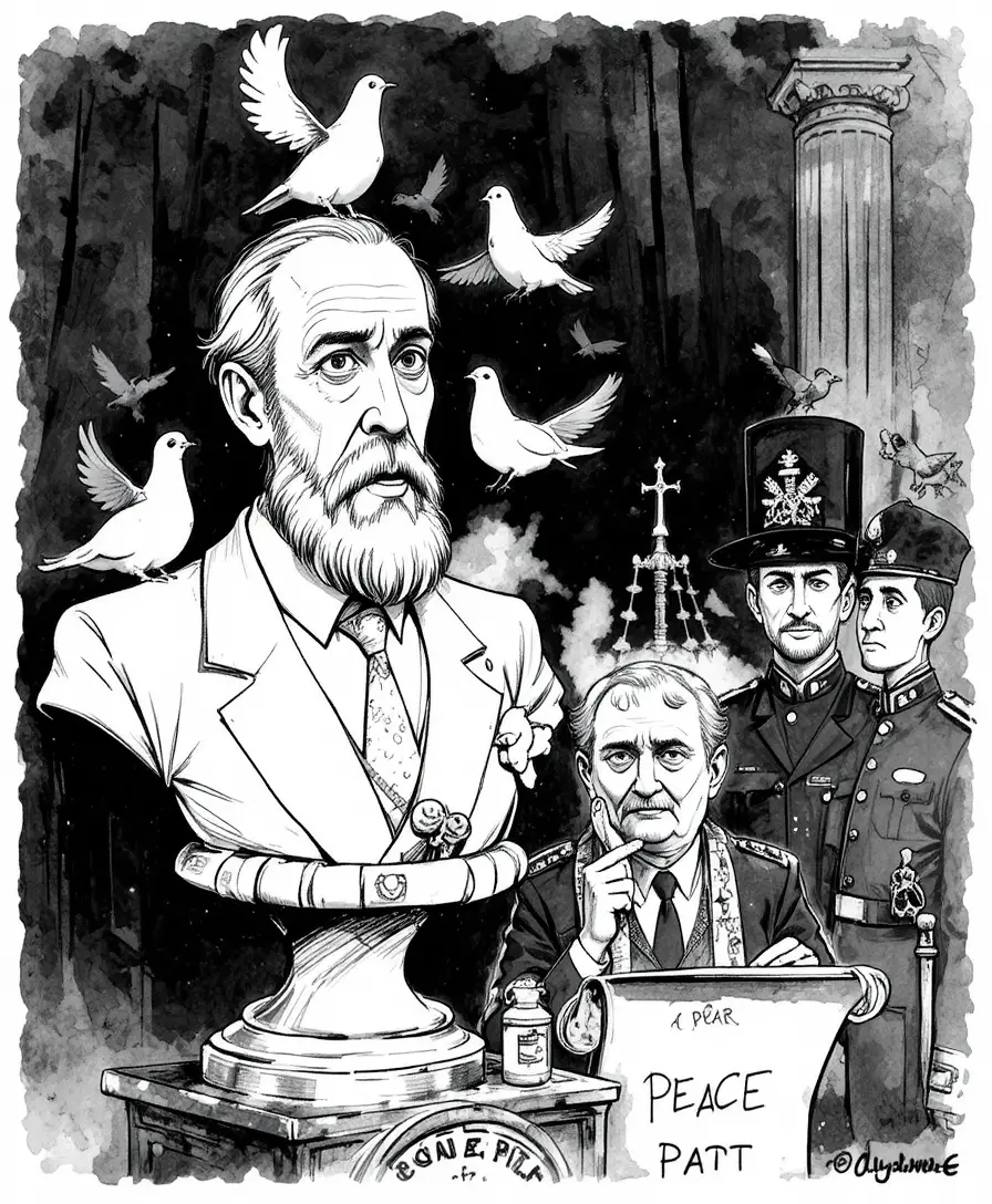 Satirischer politischer Cartoon mit Tauben und sprechenden Figuren